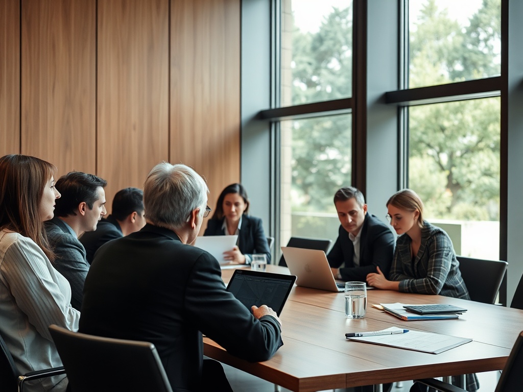 A group of professionals in a meeting room, engaged in discussion with laptops and documents on the table.