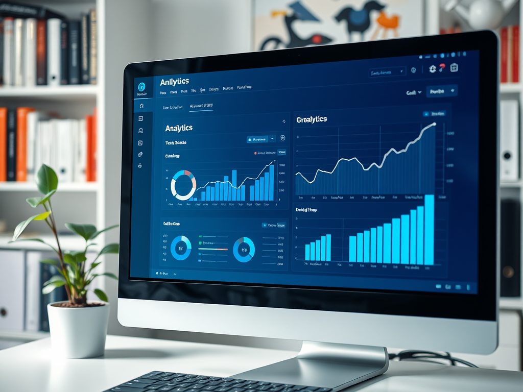 A computer screen displaying analytics data with graphs and charts, alongside a small potted plant on a desk.