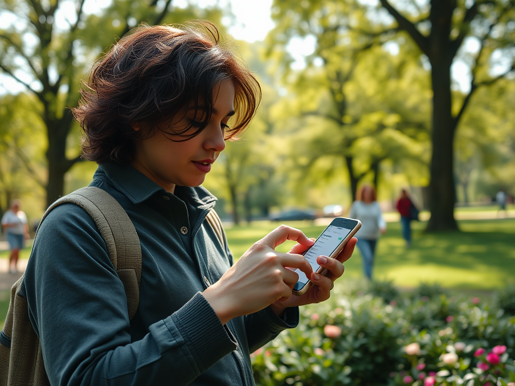 A young woman in a park uses her smartphone, surrounded by greenery and people in the background.