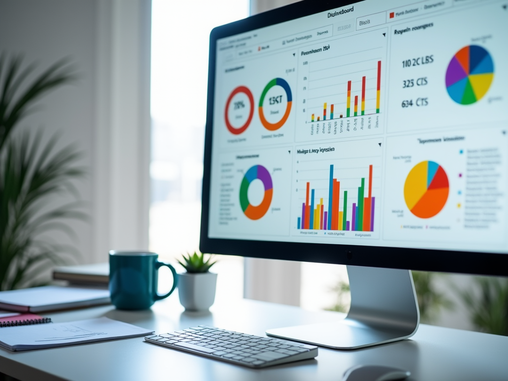 A computer monitor displaying colorful charts and graphs on a desk with a plant and a coffee mug nearby.