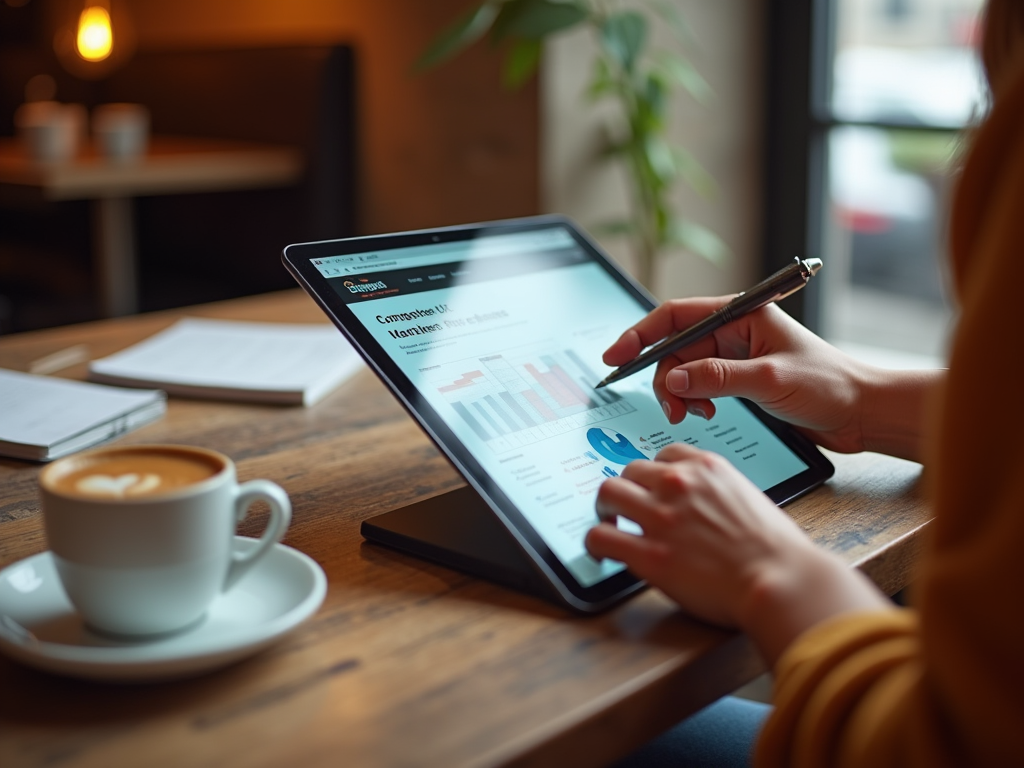 Person analyzing market trends on a tablet with a stylus in a cafe.