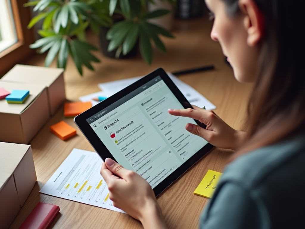 Woman reviews analytics on a tablet among plants and office supplies.