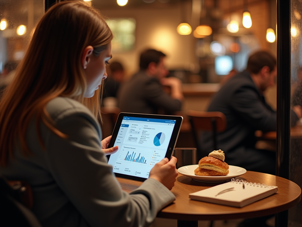 A woman reviews graphs on a tablet in a café, with a pastry and notebook on the table. Background features other patrons.