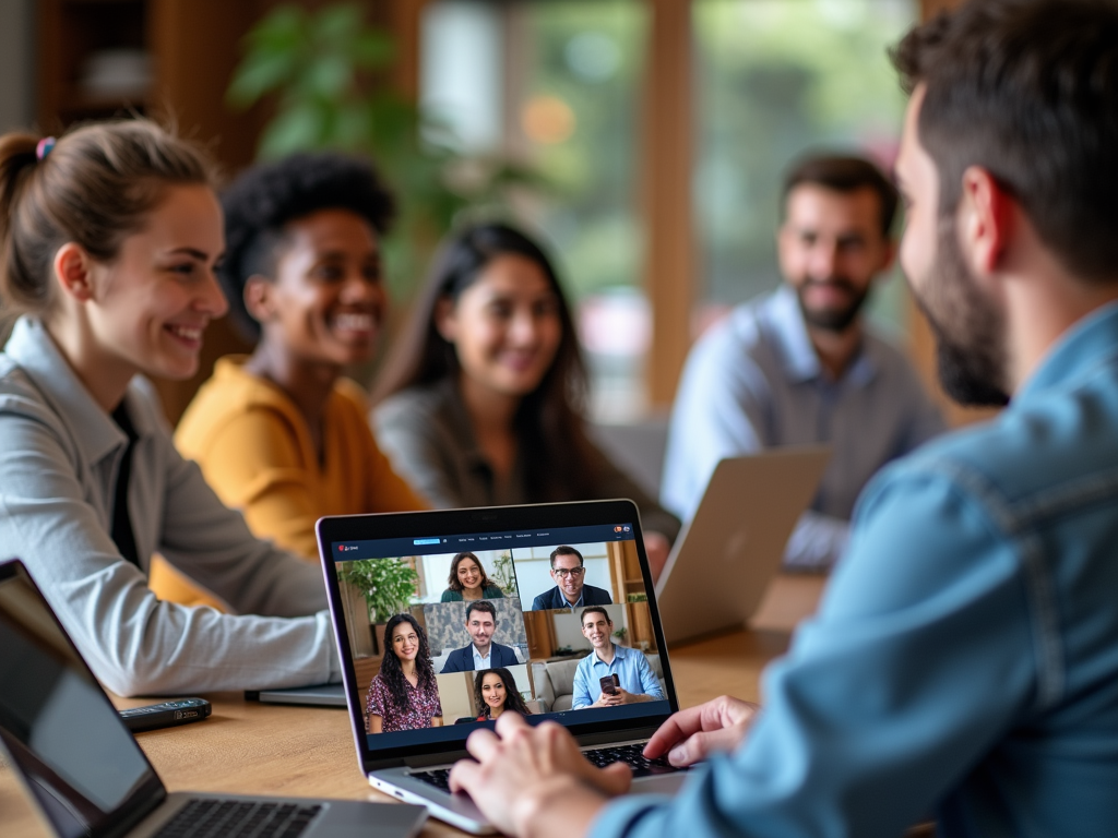 Diverse group of smiling professionals engaged in a video conference call at a brightly lit office.