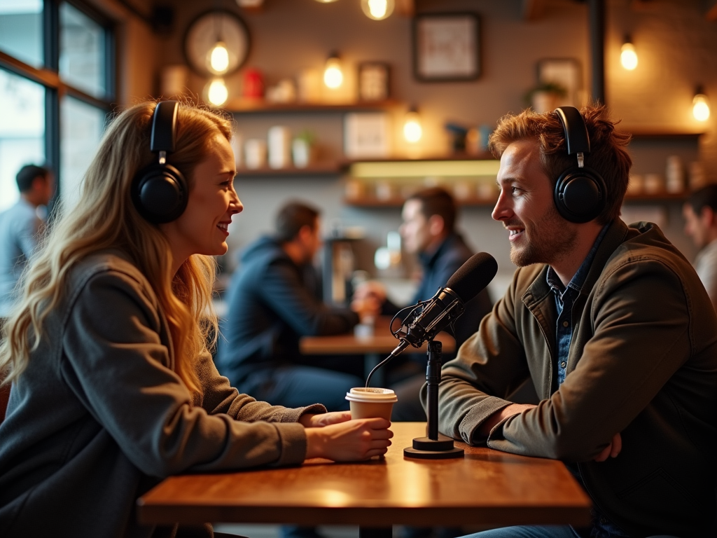 Two people wearing headphones chatting and laughing over a microphone in a cozy cafe setting.