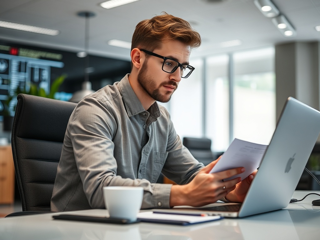 A man in a gray shirt reviews documents while sitting at a desk with a laptop and a coffee cup in a modern office.