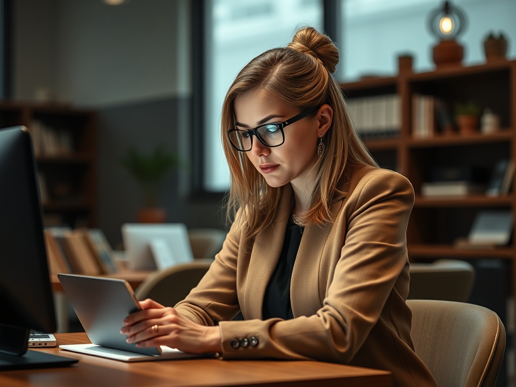 A focused young woman in a blazer reviews information on a tablet at a stylish office desk.