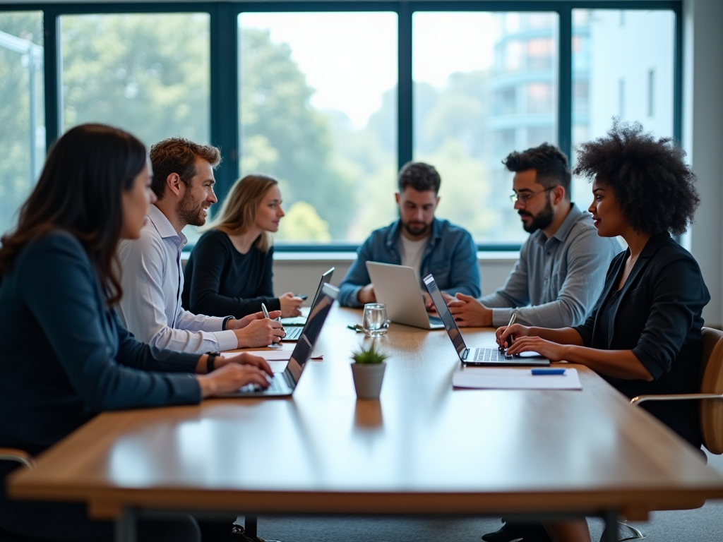 Diverse group of professionals in a meeting, using laptops and discussing in a modern office.