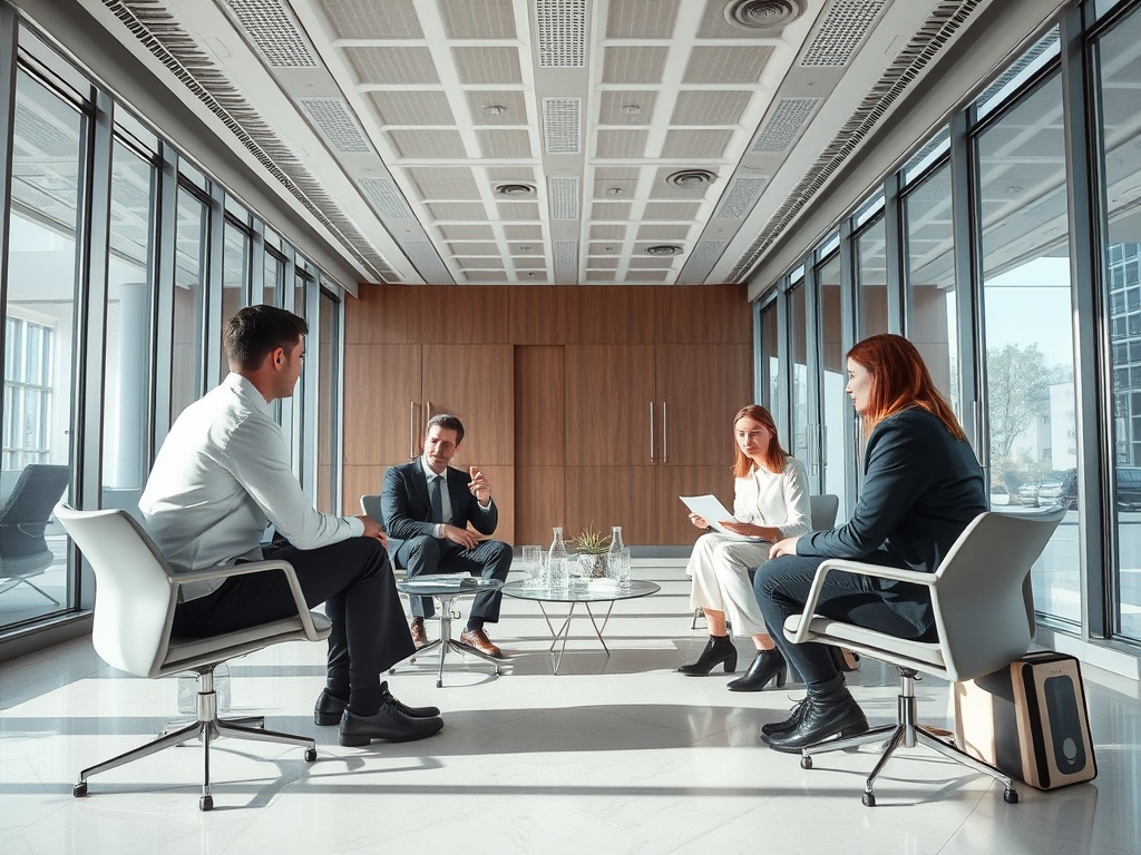 A business meeting in a modern office with four professionals discussing ideas around a glass table.