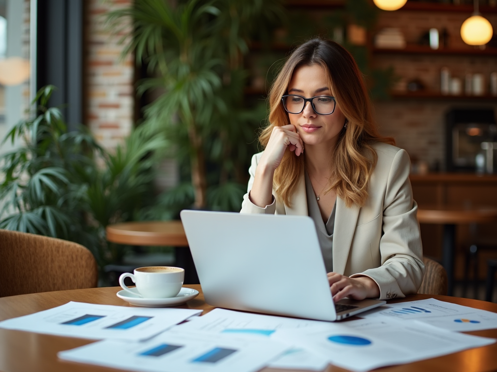 Woman in glasses working on laptop in a cafe with coffee and documents on table.