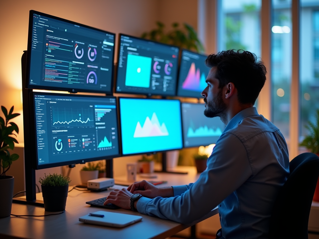 Man analyzing multiple data graphs on computer screens in a dimly lit office.