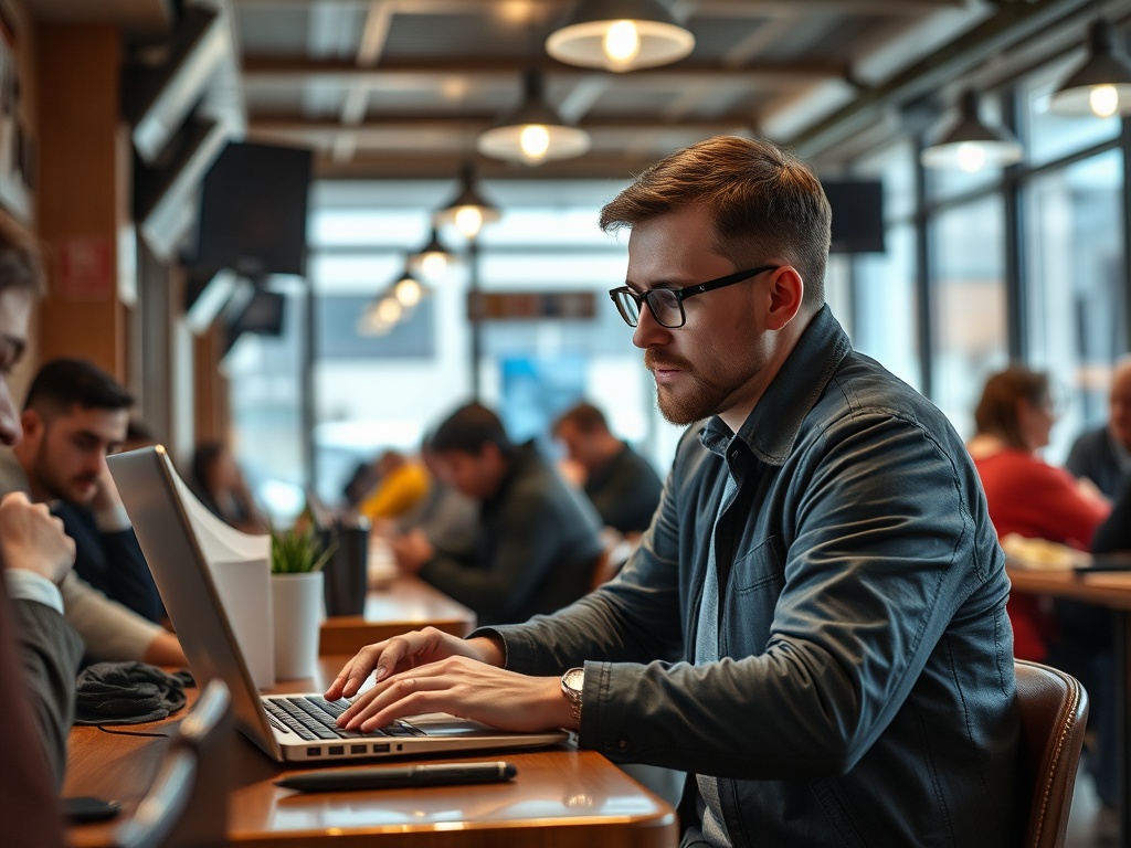 A man in glasses works intently on a laptop in a busy café, surrounded by people at tables.