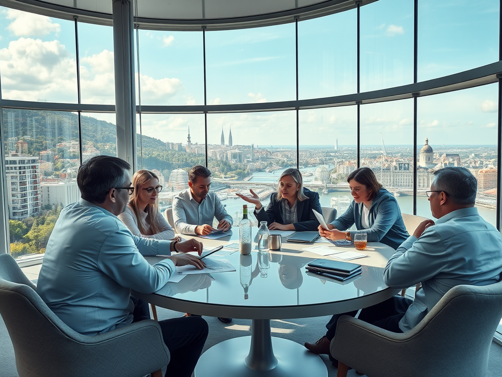 A business meeting in a modern office with a city view, featuring six professionals engaged in discussion.
