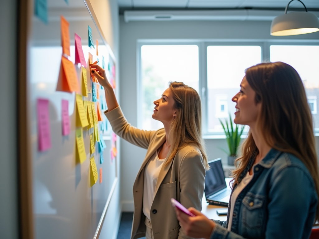 Two women are collaborating in an office, reviewing colorful sticky notes on a whiteboard.