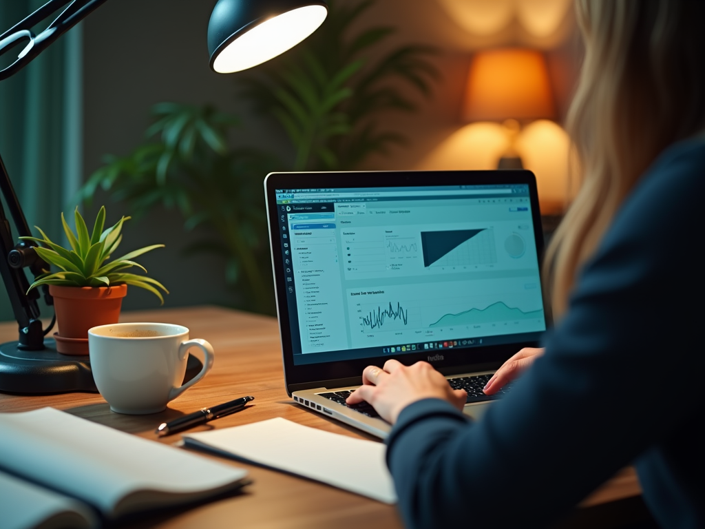 Woman analyzing data on a laptop in a cozy office setup at night.