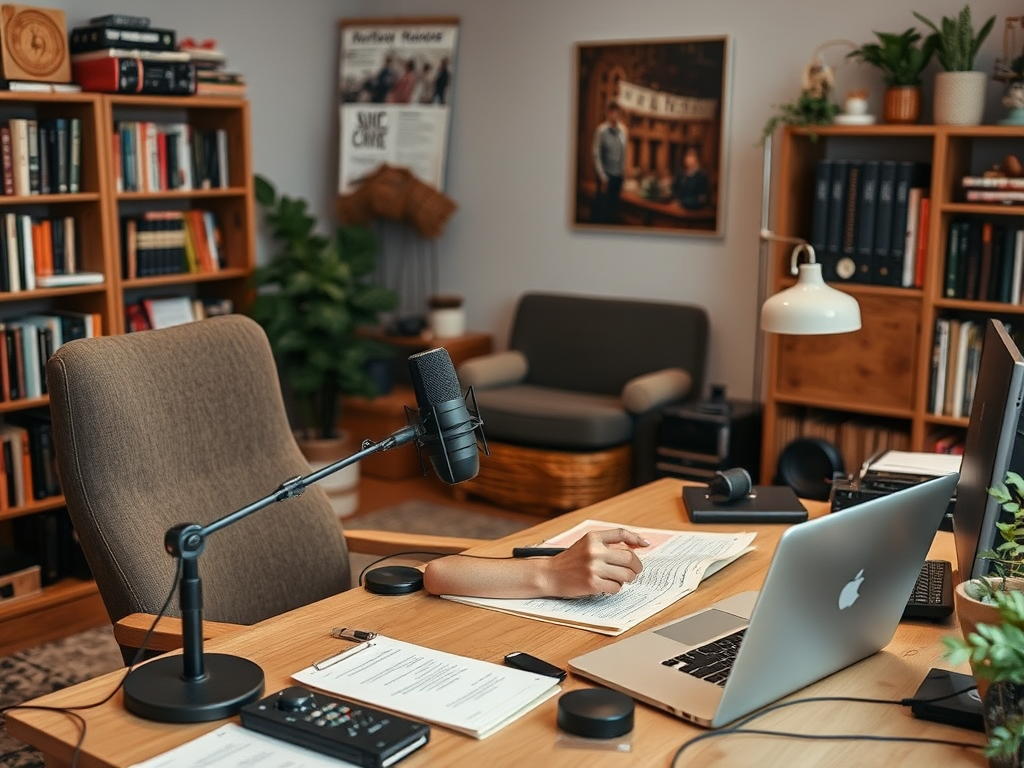 A cozy office with a desk, microphone, laptop, and bookshelves, featuring a person writing on a notepad.