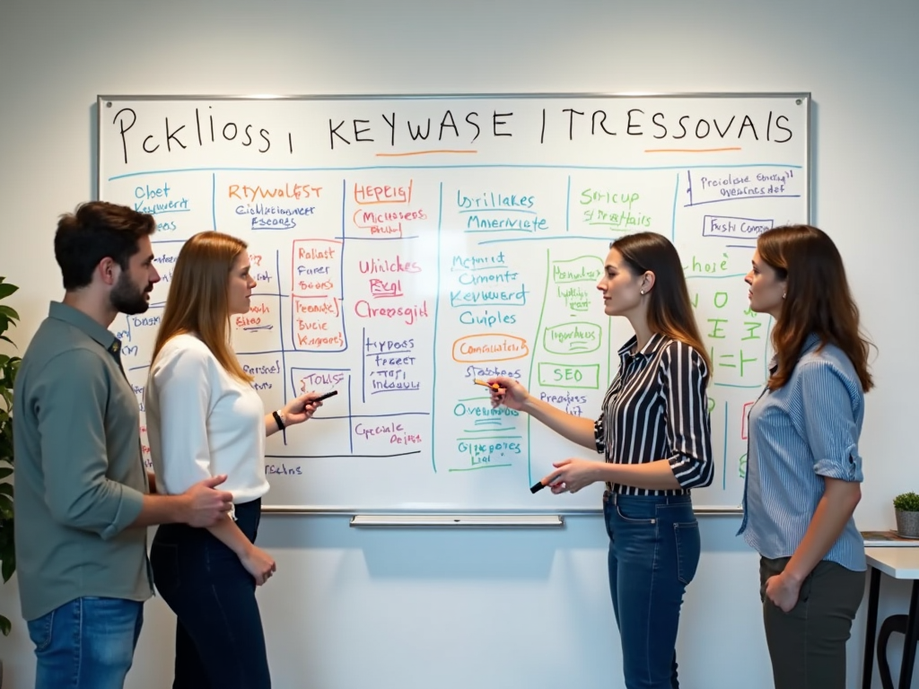 Four colleagues discussing a whiteboard filled with colorful keywords and diagrams.