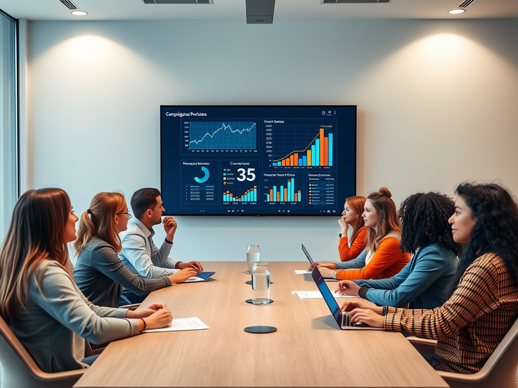 A diverse team in a conference room discusses data displayed on a screen, focusing on graphs and statistics.