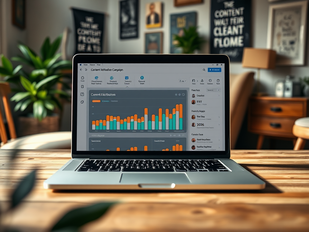 A laptop displaying a content distribution campaign dashboard with colorful graphs, set in a cozy, plant-filled room.