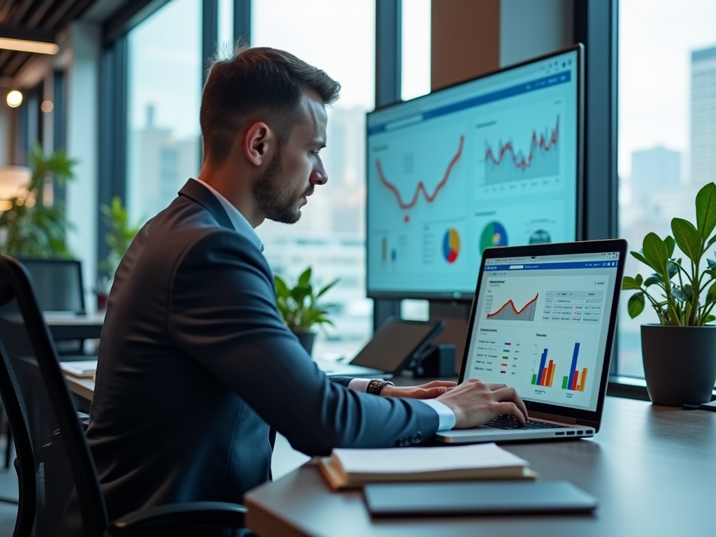 Businessman analyzing financial data on laptop in an office with dual screen display.