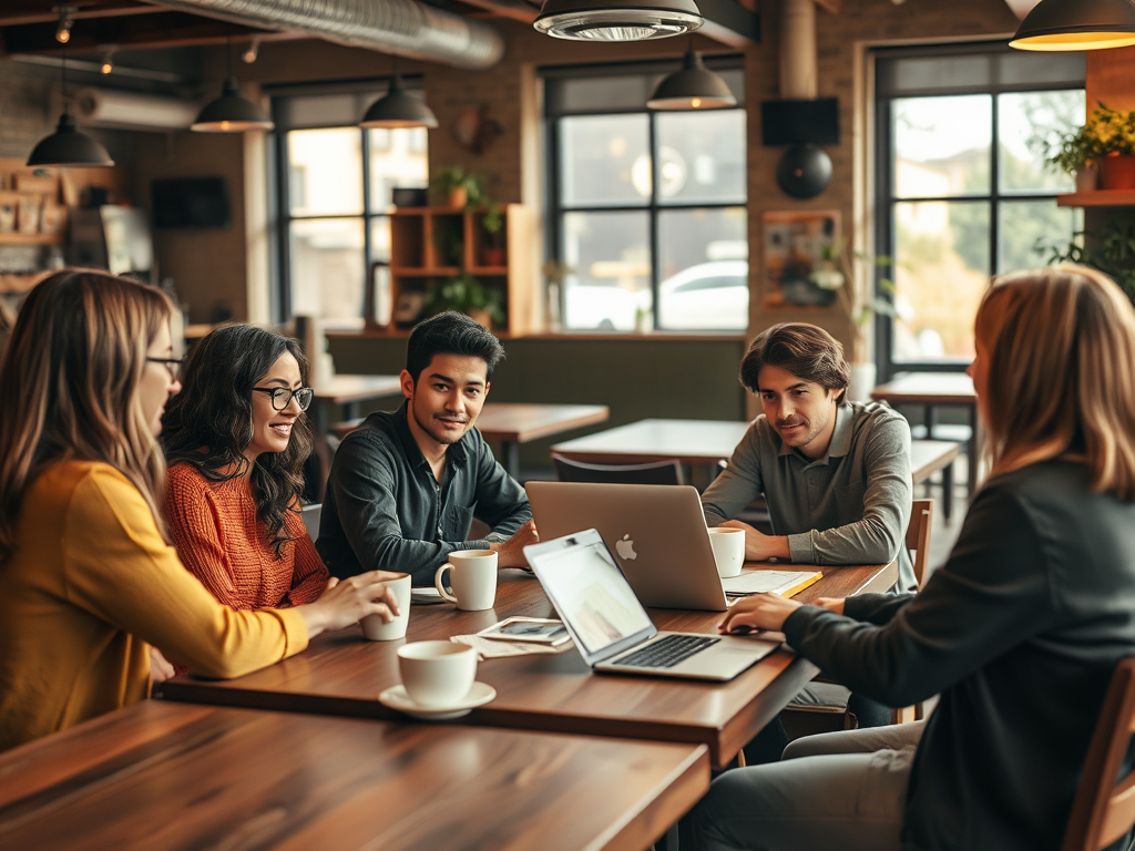 A group of five young adults engages in a discussion at a coffee shop, working on laptops with coffee cups nearby.