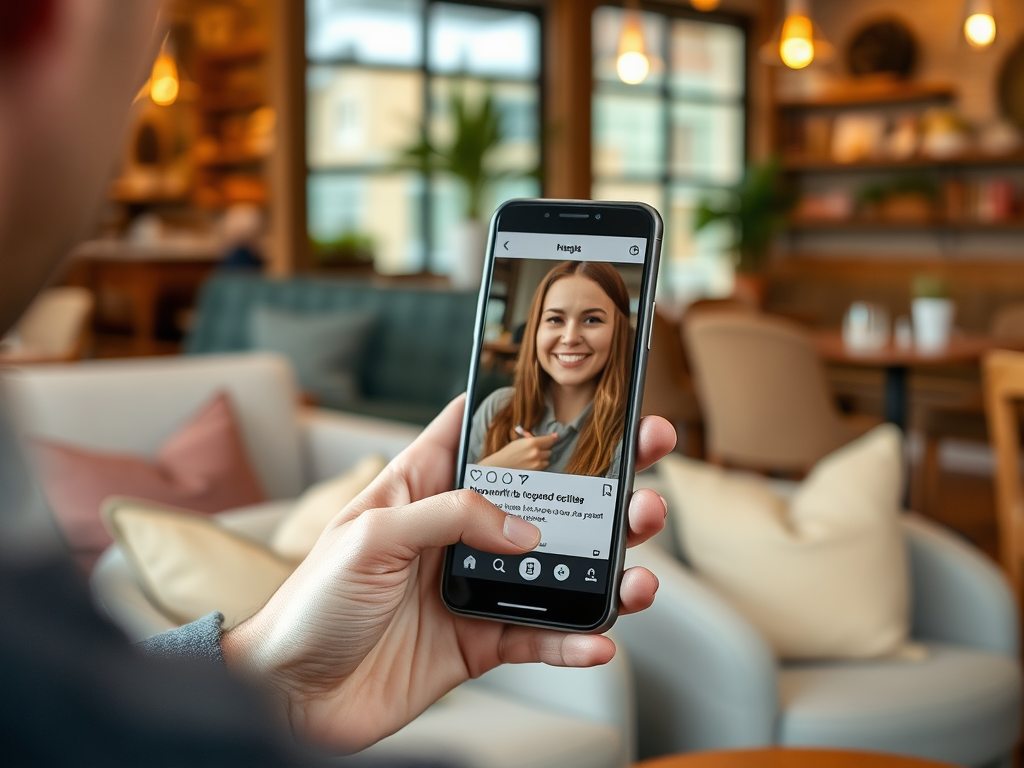 A person holds a smartphone displaying a smiling woman's photo in a cozy cafe setting. Soft seating and decor are visible.