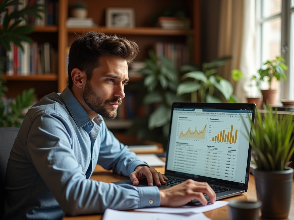 A man focused on his laptop, analyzing graphs and data in a cozy, plant-filled workspace.