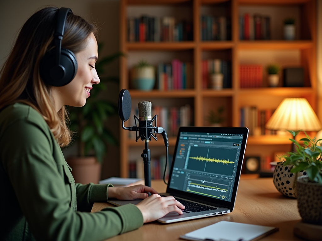 Woman podcasting with microphone and headphones in front of a laptop at a home office.