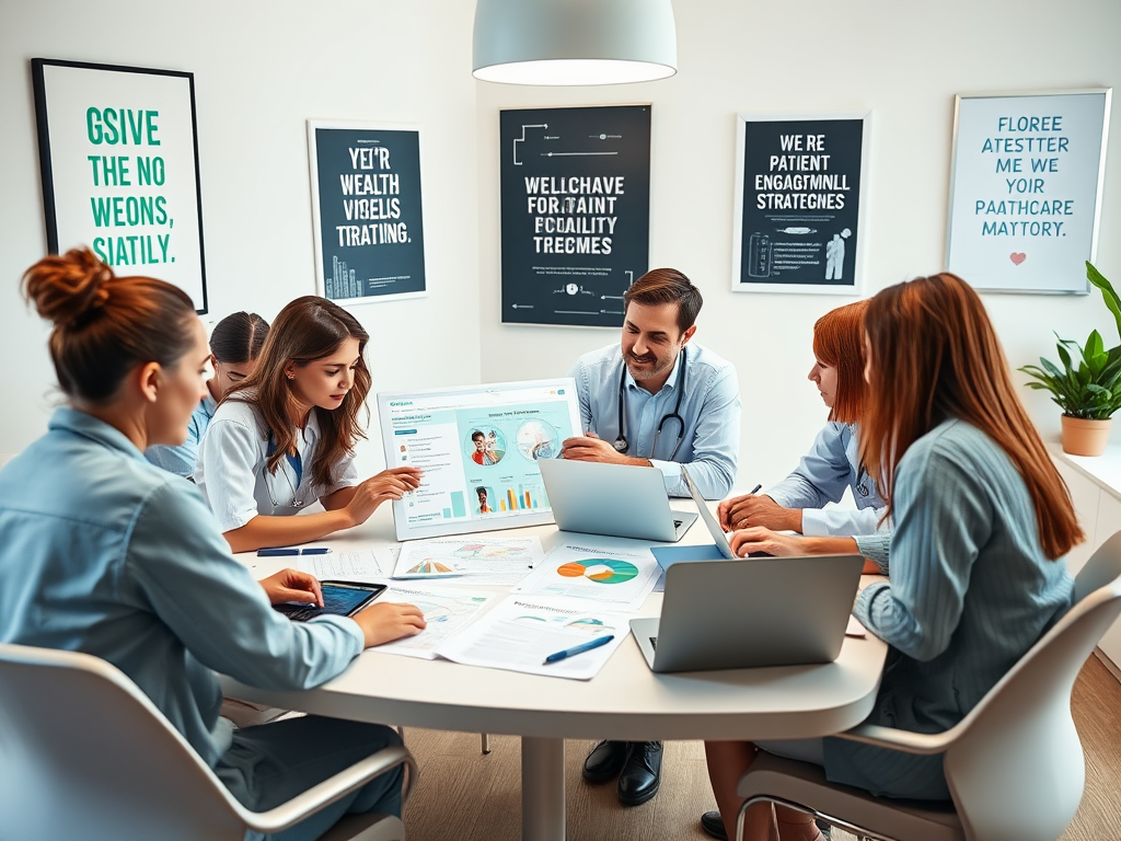 A group of professionals in a meeting, discussing charts and data on laptops, with motivational posters on the walls.