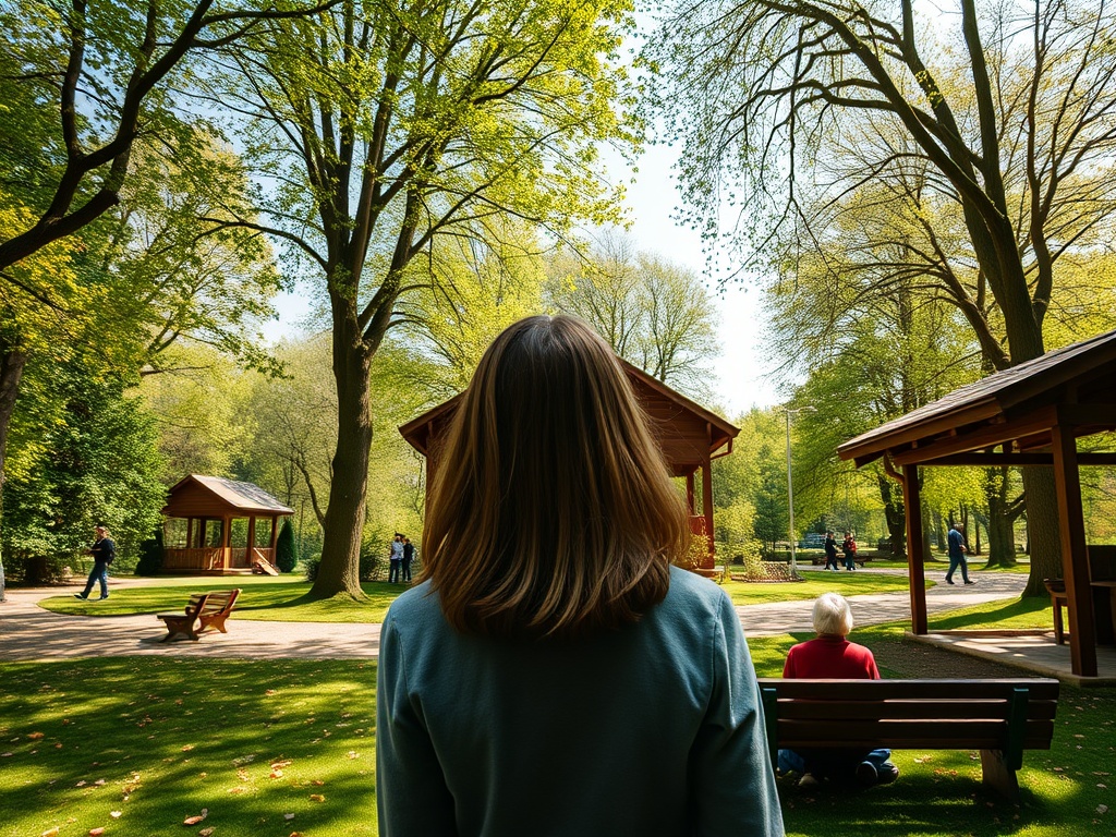 A woman with shoulder-length hair stands in a park, surrounded by greenery and wooden structures. People stroll nearby.