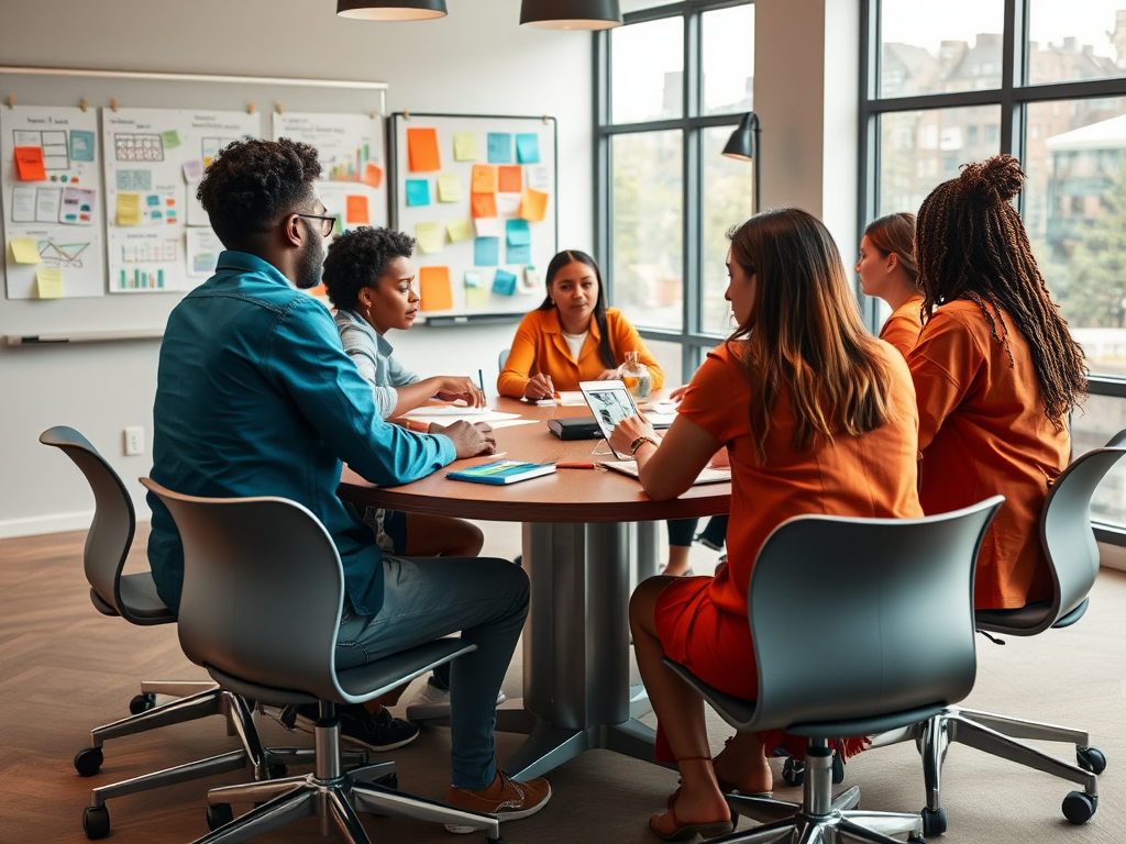 A diverse group of six people discussing ideas at a round table in a bright, modern office setting.