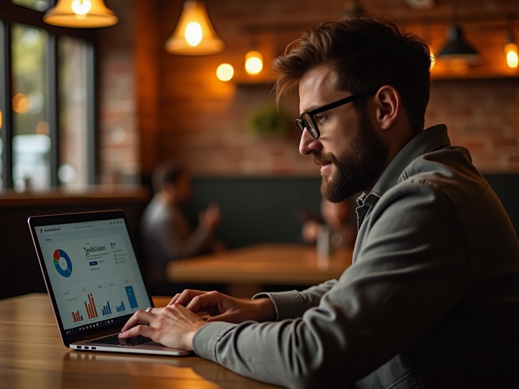 A man with glasses works on a laptop, analyzing charts and graphs in a cozy café setting.