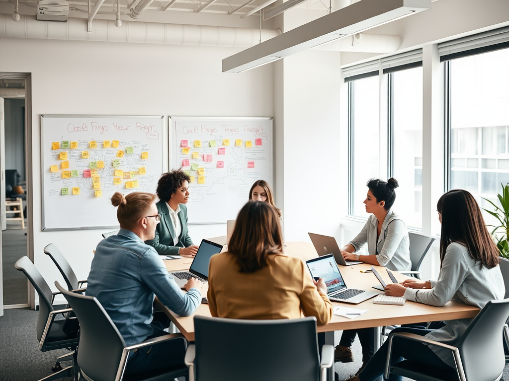 A group of six people in a modern meeting room engaged in a discussion, with sticky notes on the walls.