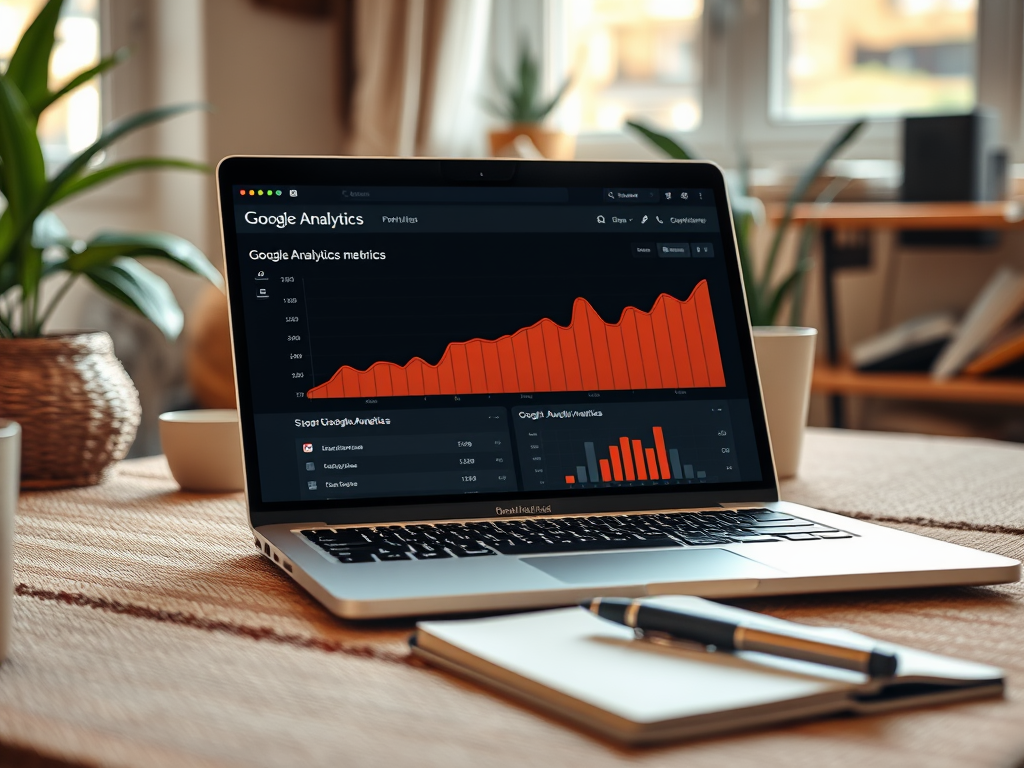 A laptop displaying Google Analytics metrics with a red graph, set on a wooden table with plants around.