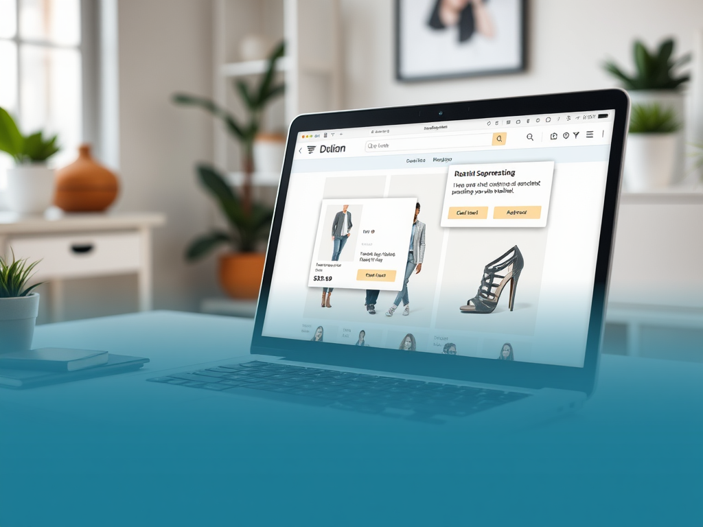 A laptop displays a fashion website with clothing suggestions and a chat feature, set in a stylish room.