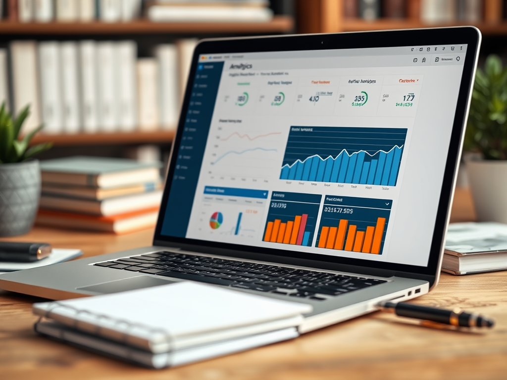 A laptop on a wooden desk displays an analytics dashboard with various graphs and data metrics.