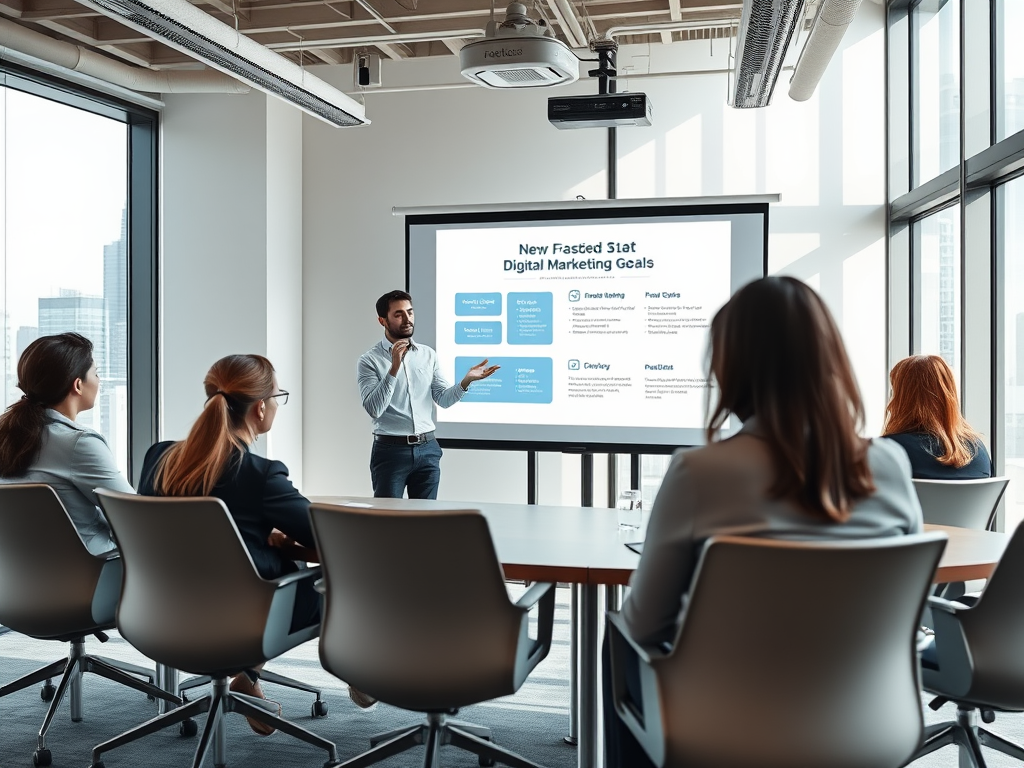 A speaker presents digital marketing goals to an audience in a modern conference room.