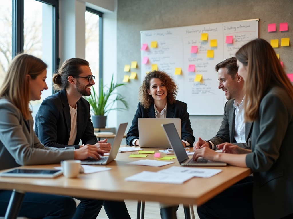 Team of professionals discussing strategy in a meeting room with laptops and sticky notes on a board.