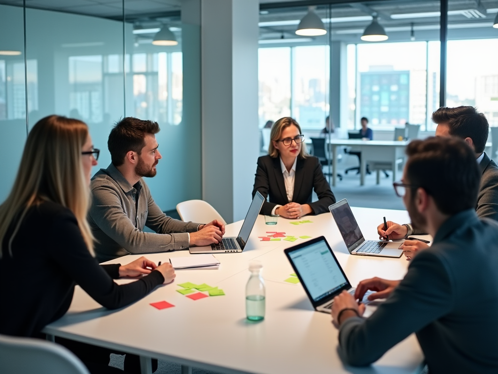 Five professionals engaged in a meeting around a table in a bright office space.