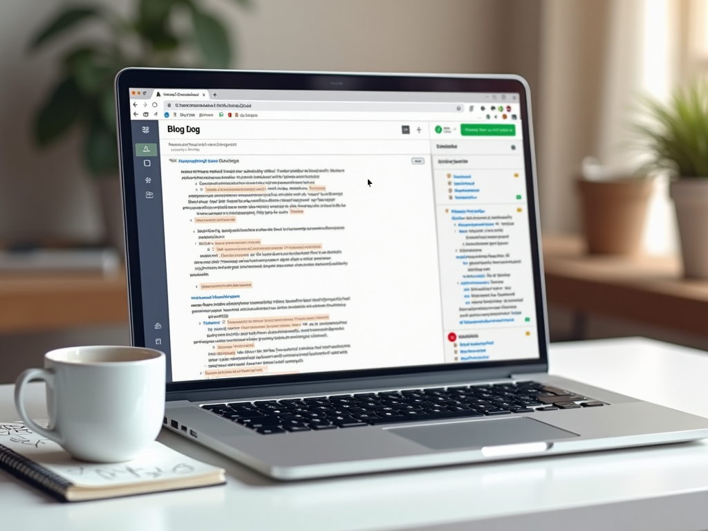 Laptop on a desk displaying a blog page with text and side menus, beside a coffee cup and notebook.