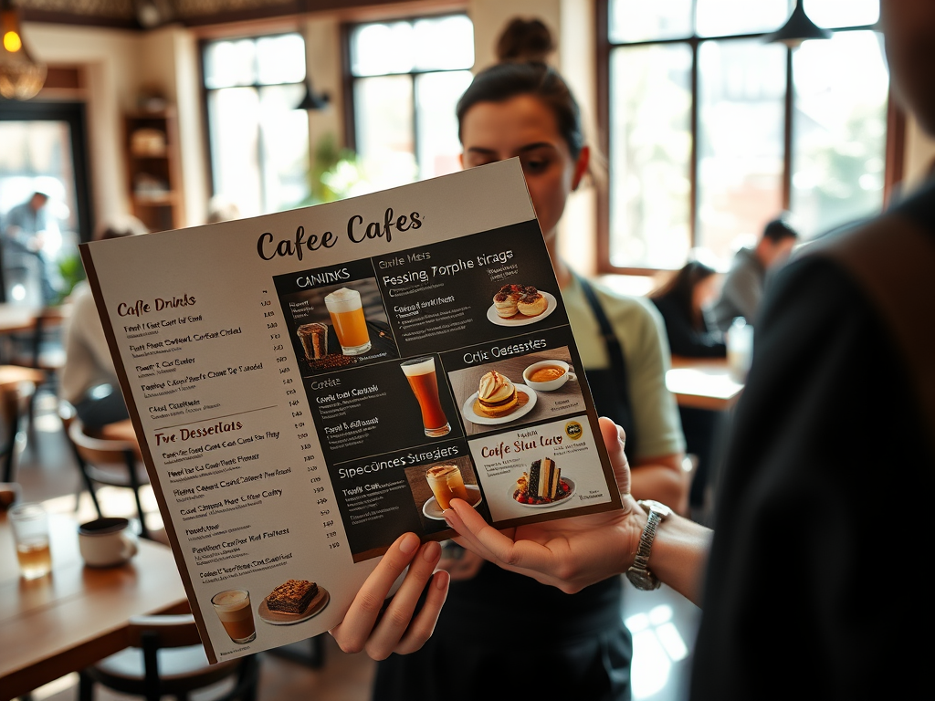 A person holds a café menu featuring drinks, desserts, and snacks in a cozy café setting.