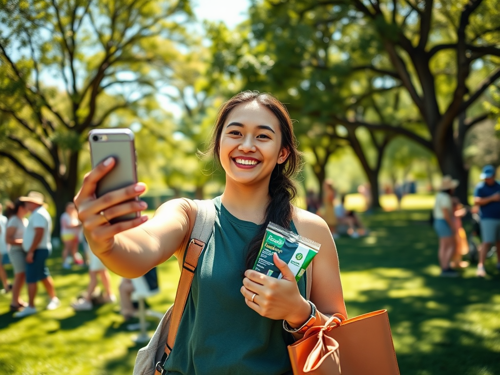 A smiling woman takes a selfie in a park, holding a snack and a handbag, with people in the background.