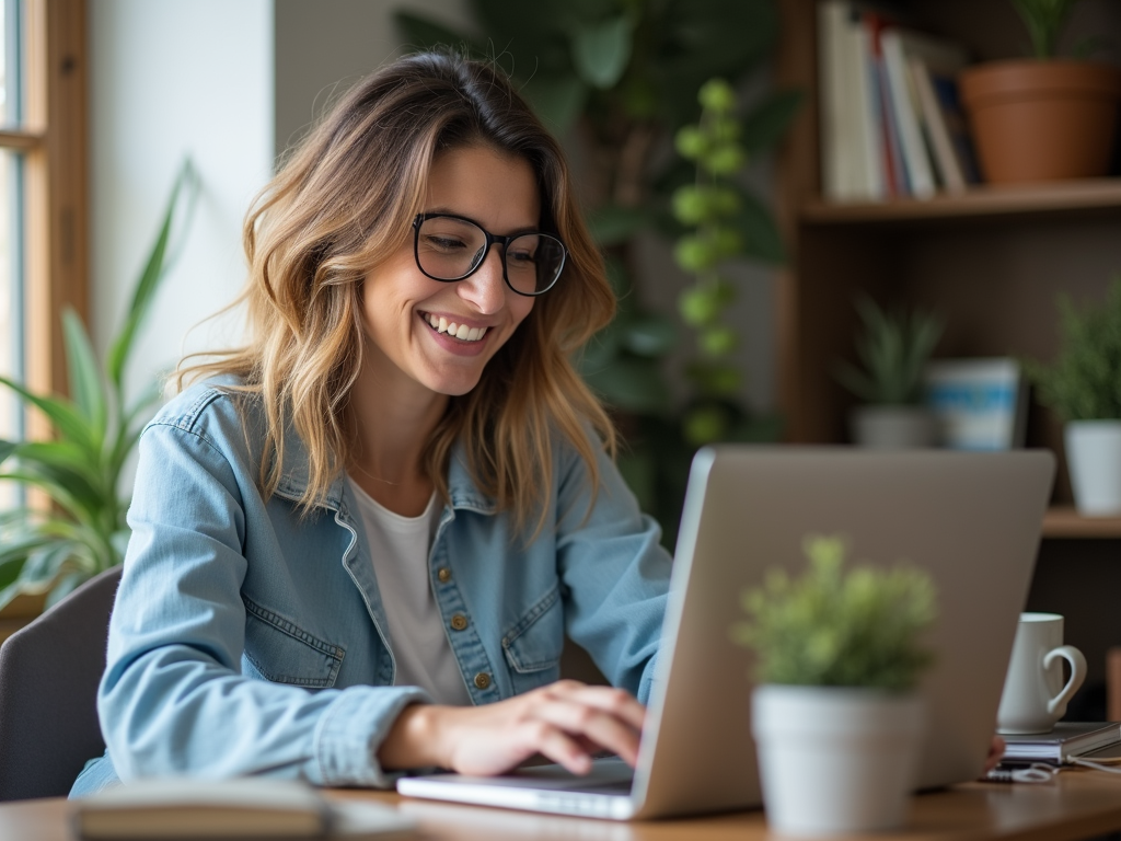 Smiling woman with glasses typing on laptop in cozy plant-filled home office.