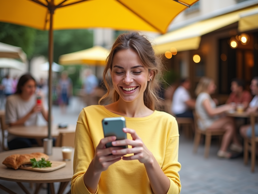 Young woman in yellow top smiling at phone at outdoor cafe.