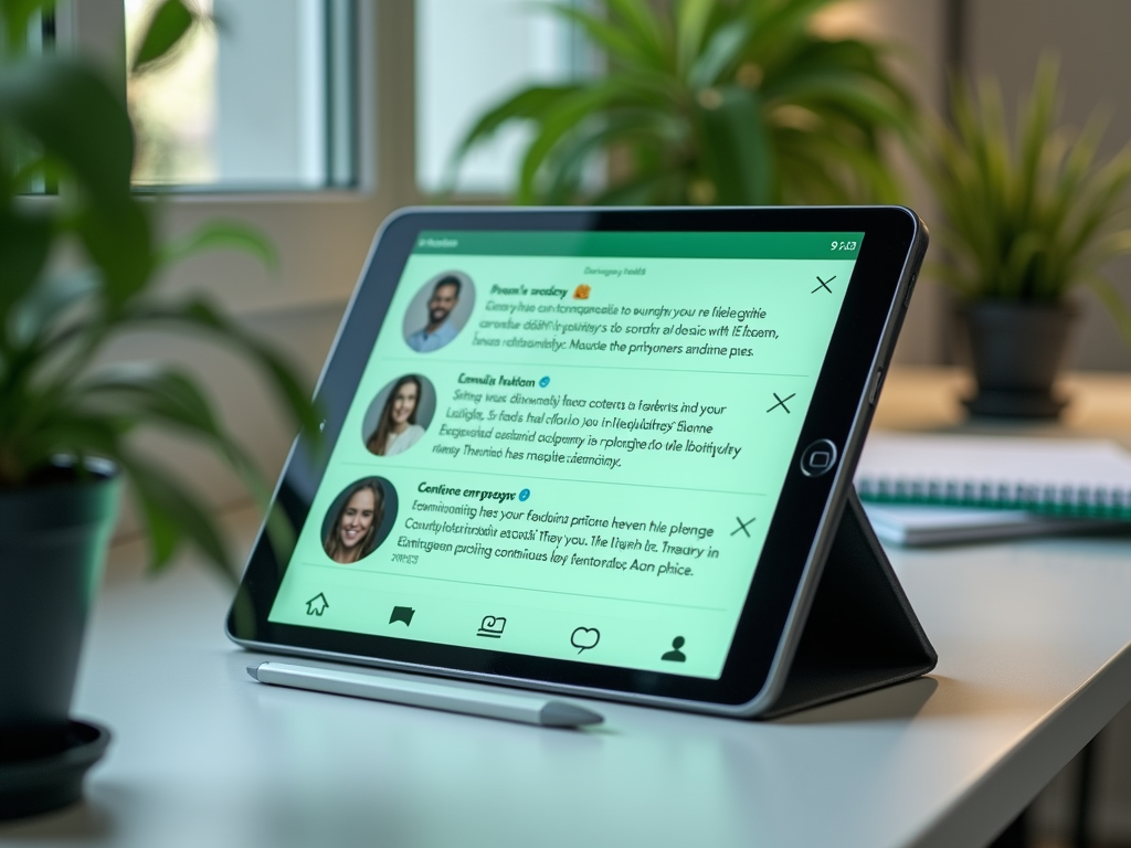 Tablet on desk displaying a social media app with profiles and posts of various people.