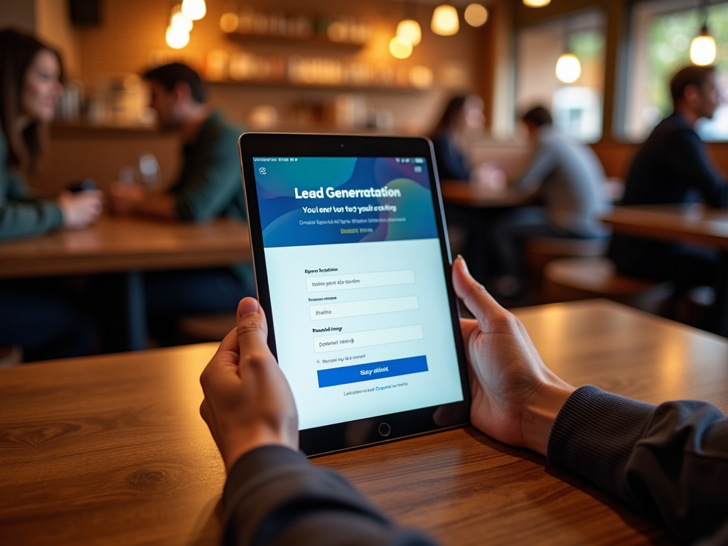 A person holds a tablet displaying a lead generation form in a cozy café setting.