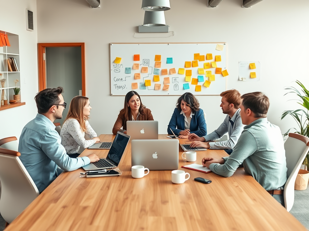 A group of six colleagues collaborate around a table with laptops and notes in a bright meeting room.