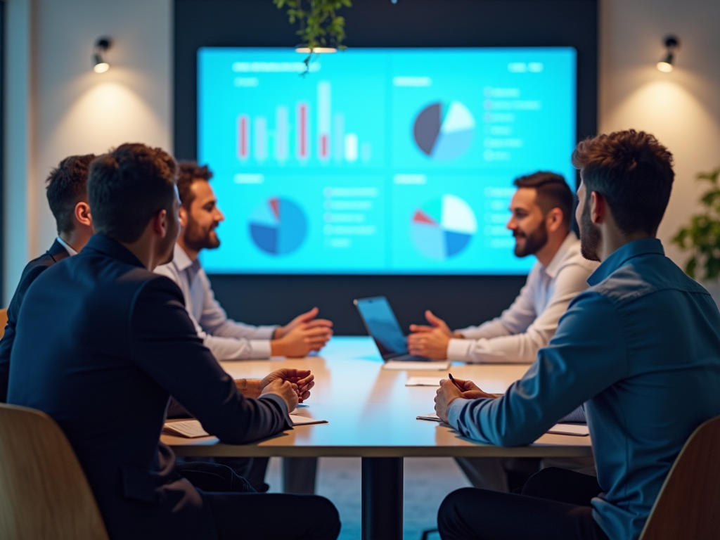 Business professionals discuss data displayed on screen in a modern meeting room.