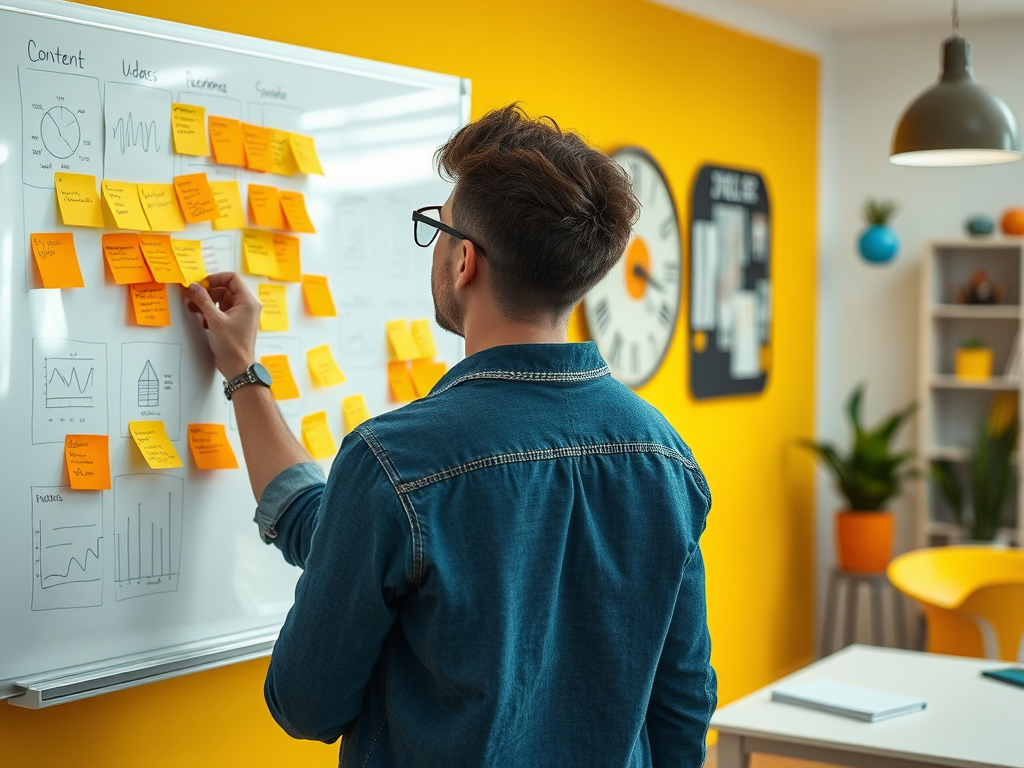 A person analyzing sticky notes on a whiteboard in a bright, modern workspace with a yellow wall.