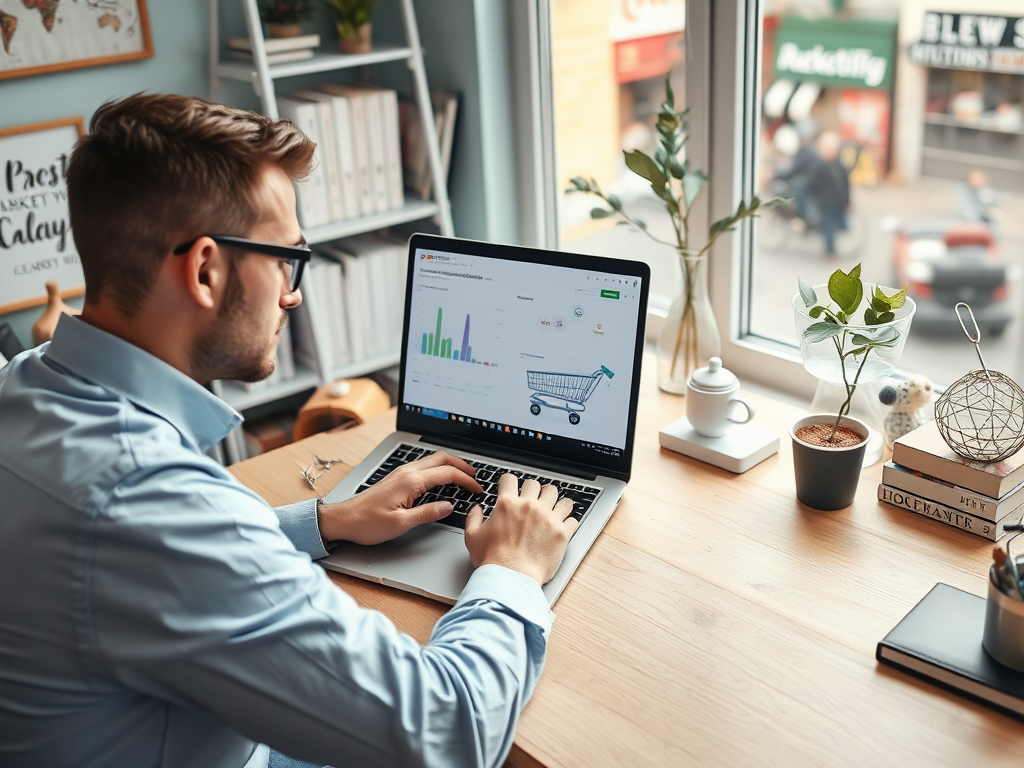 A person is working on a laptop at a desk with plants and books, analyzing e-commerce data through a chart.